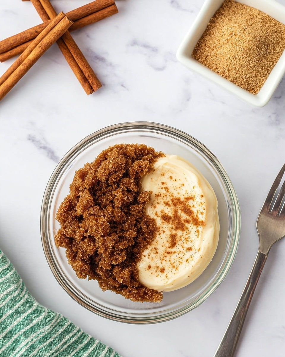 A clear glass bowl sits on a white marbled surface, holding two main layers: one side is a pile of dark brown sugar with a textured, crumbly look, while the other side is a smooth, pale cream layer topped with a sprinkle of cinnamon powder. Nearby, there is a small white square bowl filled with more brown sugar, several sticks of cinnamon arranged loosely on the top left corner, and a silver fork resting on the bottom right. A green and white striped cloth is partially visible in the bottom left corner. Photo taken with an iphone --ar 4:5 --v 7