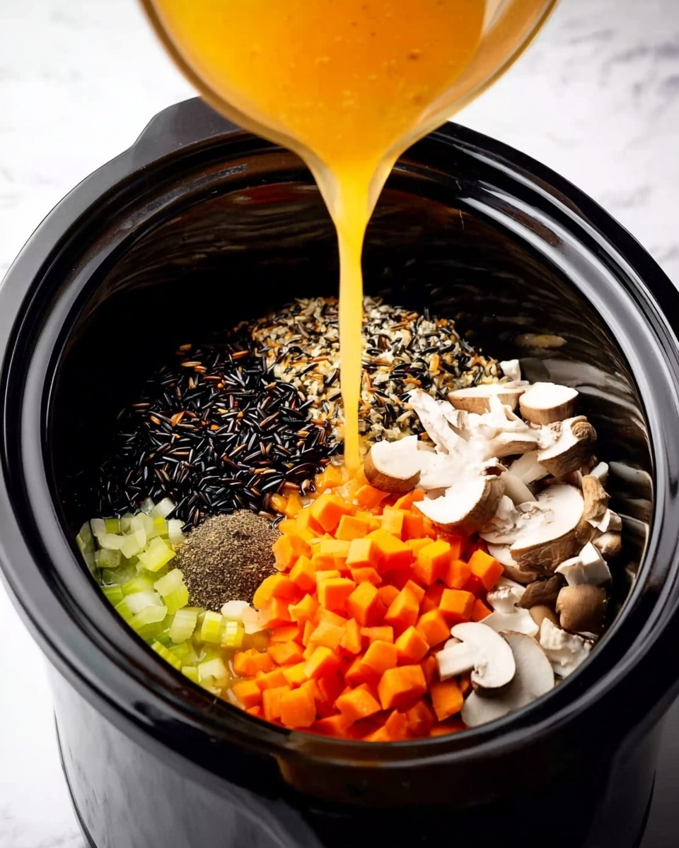 Inside a black slow cooker, there are six layers of ingredients arranged separately. At the back is a mound of black wild rice with a rough, grainy texture. To the right of the rice are sliced white mushrooms with soft, curved edges. Below the mushrooms is a pile of small, bright orange carrot cubes with a smooth texture. Next to the carrots is a section of dark ground black pepper. At the bottom left are small white chopped pieces of onion with a slightly translucent look. Above the onion is celery, light green and chopped. Orange liquid broth is being poured over all the ingredients from the top right, creating a flowing motion. The slow cooker is set on a white marbled surface. photo taken with an iphone --ar 4:5 --v 7