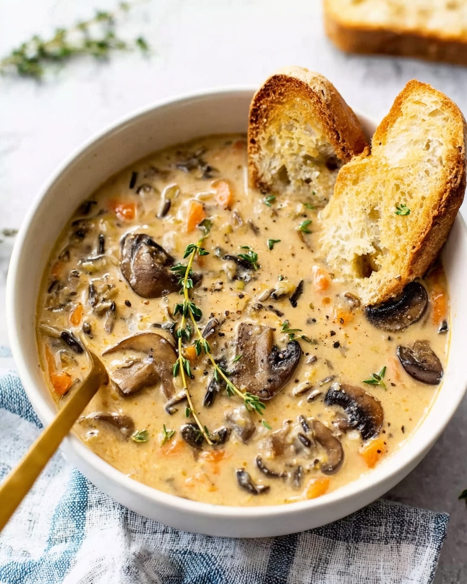 A white bowl filled with creamy mushroom and rice soup, showing visible pieces of brown mushrooms and orange carrots mixed in a thick beige broth. Fresh green thyme sprigs rest on top as a garnish. On the right edge of the bowl, there are two slices of toasted white bread with a golden crust, partly dipped into the soup. A golden spoon stands in the bowl. The bowl sits on a white marbled textured surface with a light blue and white striped cloth partially visible underneath. Photo taken with an iphone --ar 4:5 --v 7