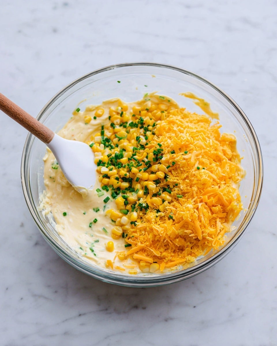 A clear glass bowl sits on a white marbled surface filled with a creamy pale yellow mixture as the base layer. On top of this, there are bright yellow corn kernels on one side and bright orange shredded cheddar cheese spread over the other side. Small pieces of finely chopped green chives are scattered among the cheese. A white spatula with a wooden handle is inside the bowl, mixing the ingredients gently. Photo taken with an iphone --ar 4:5 --v 7