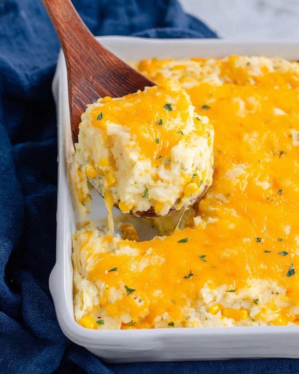 A white rectangular baking dish filled with a layered casserole is shown on a white marbled surface. The bottom layer is creamy yellow mashed potatoes mixed with pieces of corn and small green herbs, giving it a soft texture with some chunkiness. The top layer is melted bright orange cheddar cheese evenly covering the potatoes. A wooden spoon is lifting a square portion from the dish, showing the layered inside strongly and some melted cheese stretching slightly. The wooden spoon's handle extends toward the top left corner of the dish. The scene is placed on a dark blue cloth. Photo taken with an iphone --ar 4:5 --v 7