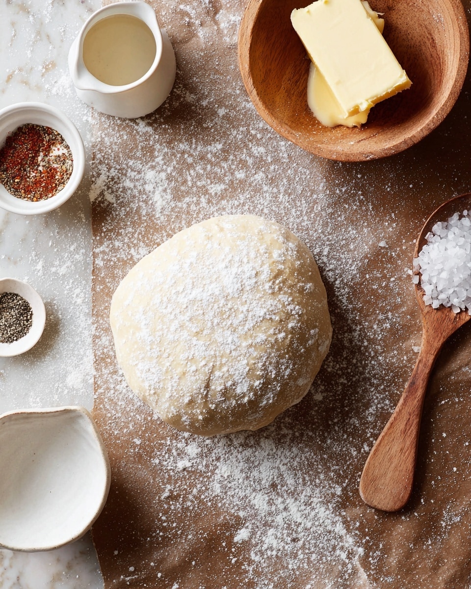A soft round dough ball dusted with white flour sits in the center of a brown surface sprinkled lightly with flour. Around it are small white dishes holding ground black pepper and a finely ground reddish-brown spice, a small white container with a bit of white liquid, and a wooden bowl with a thick pale yellow stick of butter and a wooden butter knife resting on top. A copper spoon holding coarse white salt lies near the dough. The whole scene is set on a white marbled surface that contrasts the ingredients, photo taken with an iphone --ar 4:5 --v 7