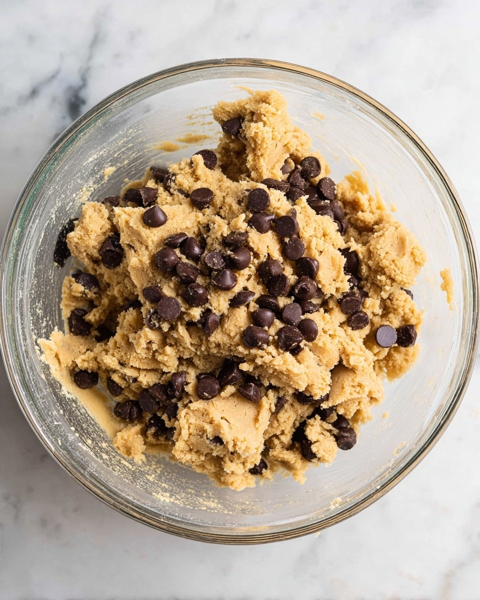 The image shows light brown cookie dough mixed with dark brown chocolate chips inside a clear glass bowl. The dough has a crumbly texture with chocolate chips scattered evenly throughout. The bowl sits on a white marbled surface. The inside sides of the bowl have some cookie dough residue, showing signs of mixing. photo taken with an iphone --ar 4:5 --v 7
