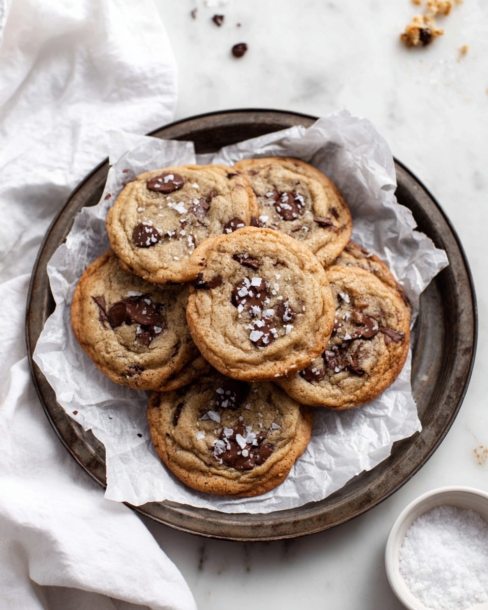 A round dark metal tray holds seven chocolate chip cookies stacked loosely on crumpled white parchment paper. Each cookie has a light golden brown color with darker edges, studded with soft-looking melted dark chocolate chips and sprinkled lightly with coarse white salt flakes. The tray is placed on a white marbled surface with some cookie crumbs scattered nearby. At the bottom right corner, there is a small white bowl filled with coarse salt next to a white cloth slightly folded. Photo taken with an iphone --ar 4:5 --v 7