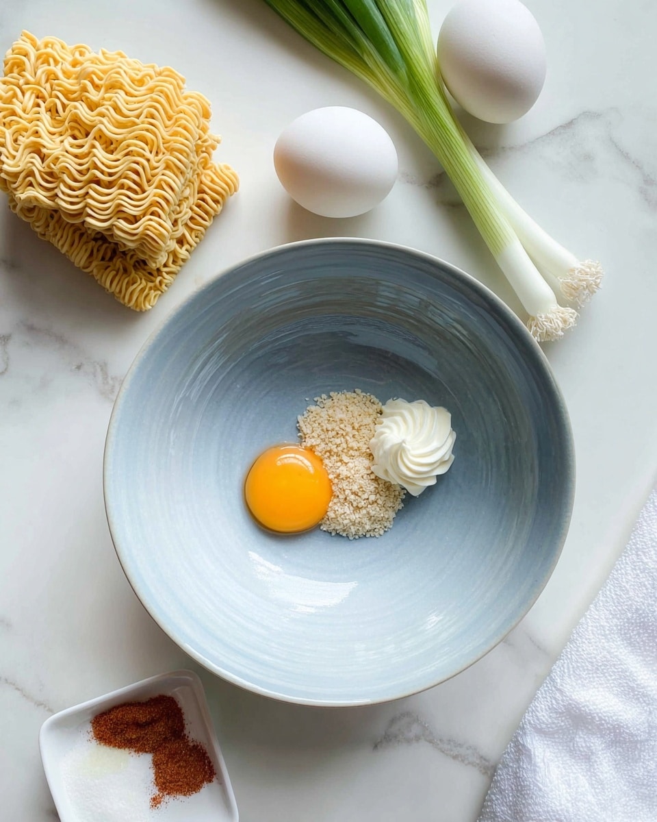 A round light blue bowl is set on a white marbled surface, holding three small elements in the center: a bright yellow glossy egg yolk, a small mound of light beige grain or crumbles, and a white creamy dollop with a smooth swirled texture. To the left on the marble surface, there are three fresh green onions with white bulbs, and above the bowl, there are two white eggs and a small white dish with red-brown powder. Two blocks of dry yellow instant noodles lie near the top left corner, textured and wavy with shadows enhancing their form. A soft white cloth is partly visible at the bottom right corner. Photo taken with an iphone --ar 4:5 --v 7