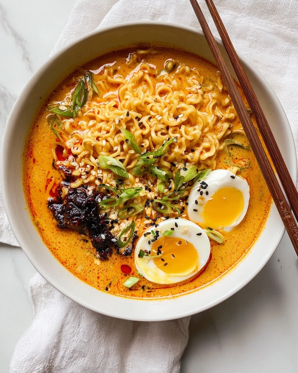 A white bowl is filled with rich orange broth that has a creamy texture. In the middle, there is a nest of curly yellow noodles sitting slightly above the broth. To the right are two halves of a boiled egg with bright yellow yolks and firm white edges. On the lower left side, there is a dark chunky sauce, almost black with red hints. Green onion slices are scattered over the noodles and eggs, adding fresh green color. White sesame seeds and black pepper flakes sprinkle over the top. A pair of brown chopsticks rests on the right side of the bowl, which sits on a white cloth on a white marbled surface. Photo taken with an iphone --ar 4:5 --v 7