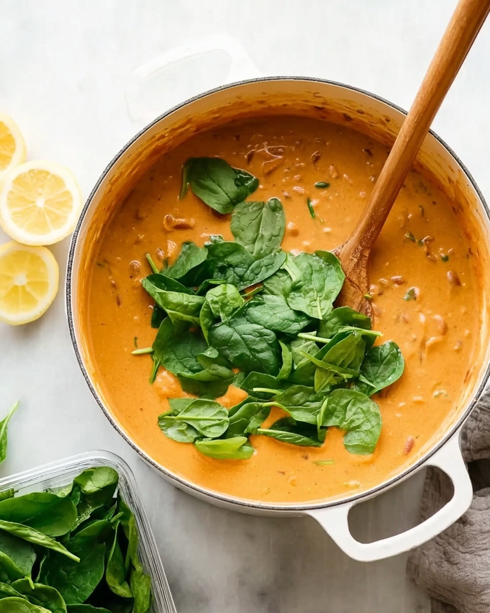 A white pot filled with thick orange soup that has bits of vegetables or beans visible in it. On top of the soup, fresh bright green spinach leaves are being added with a wooden spoon. Two lemon halves are placed on the white marbled surface near the pot. In the bottom left corner, a plastic container with fresh spinach leaves is partly visible. The scene shows a mix of creamy soup and fresh spinach in a clean kitchen setting. Photo taken with an iphone --ar 4:5 --v 7