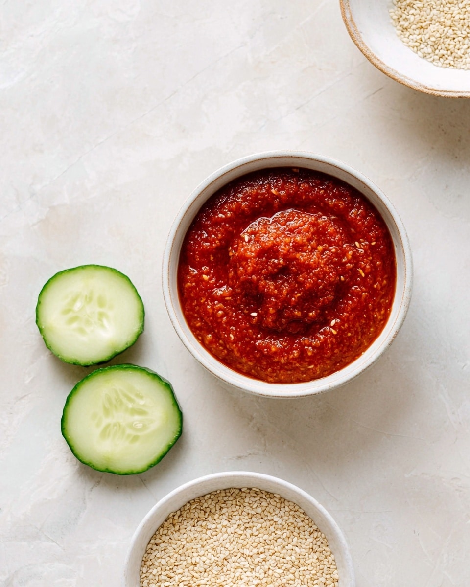 The image shows a small white bowl in the center filled with a thick, red sauce that has a slightly chunky texture with tiny bits of spices visible. To the left of this bowl, there are three round slices of fresh cucumber placed in a loose stack, showing their bright green skin and pale green inner flesh with seeds. Below the bowl of sauce is another white bowl filled halfway with small, pale beige sesame seeds. The background is a white marbled surface that has a soft light tone and subtle texture. A part of a white bowl with a lightly colored rim is visible in the upper right corner. photo taken with an iphone --ar 4:5 --v 7