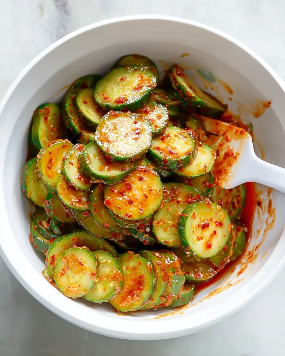 A white bowl filled with thin cucumber slices coated evenly in a shiny red chili sauce with specks of chili flakes scattered on the surface. The cucumbers appear fresh and moist, with a mix of green skin and light green flesh visible through the sauce. A white spatula is partially buried in the bowl, with sauce clinging to its edge. The bowl sits on a white marbled surface, giving a clean and fresh look. photo taken with an iphone --ar 4:5 --v 7