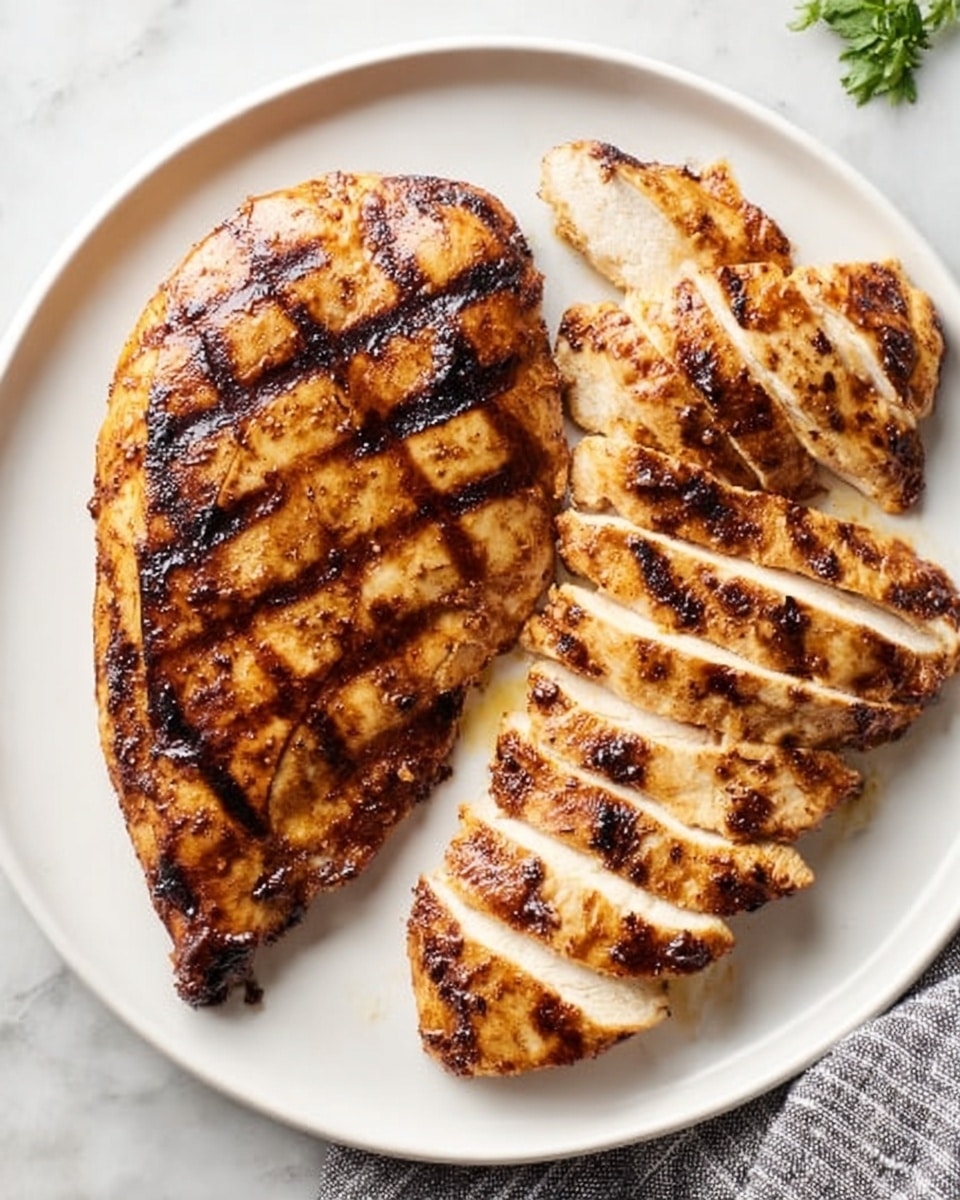 The image shows a white round plate on a white marbled surface with two grilled chicken pieces. On the left side is a whole grilled chicken fillet with dark grill marks and a slightly shiny, golden-brown surface. On the right side, the grilled chicken fillet is sliced into even strips, showing the white, juicy inside and the crispy, browned outside with similar grill marks. A part of a grey and white cloth is visible on the bottom right corner. photo taken with an iphone --ar 4:5 --v 7