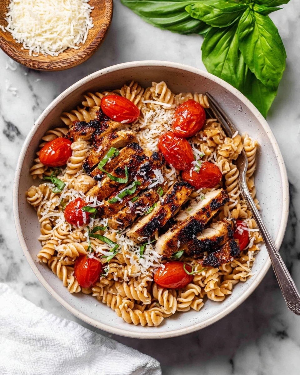 A white bowl filled with three layers of food is placed on a white marbled surface. The bottom layer consists of light brown twisted rotini pasta. On top of the pasta are medium-sized pieces of grilled chicken with dark brown char marks and a golden inside. Scattered around the chicken and pasta are bright red cooked cherry tomatoes, some whole and some broken. The dish is sprinkled with white grated cheese and small bits of fresh green basil. A silver fork rests on the right side of the bowl with the handle visible. A wooden bowl with white shredded cheese sits above and to the left of the main bowl, with a few grains spilled on the surface. A fresh green basil leaf lies on the marbled surface both above the bowl and near the bottom right corner. A white cloth napkin peeks in at the bottom left corner. photo taken with an iphone --ar 4:5 --v 7