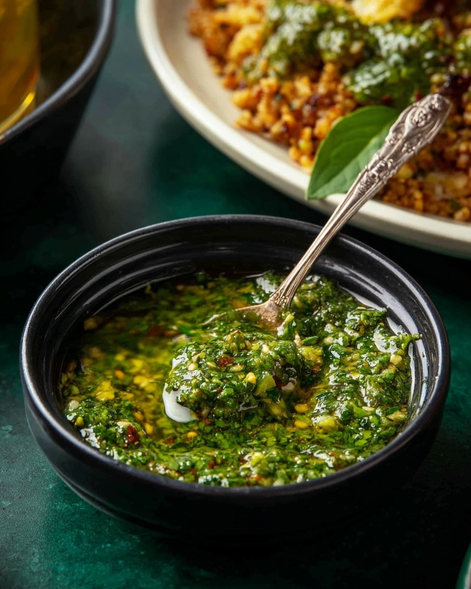 The image shows a small black bowl filled with a green sauce that has a chunky texture with visible bits of herbs and small seeds. The sauce has a shiny, oily surface that reflects light. A metal spoon with an ornate handle is placed inside the bowl, partially covered by the sauce. In the background, there is a white plate filled with a dish that has a grainy texture in brown and tan colors and is garnished with green leaves. The bowl sits on a dark green surface. photo taken with an iphone --ar 4:5 --v 7