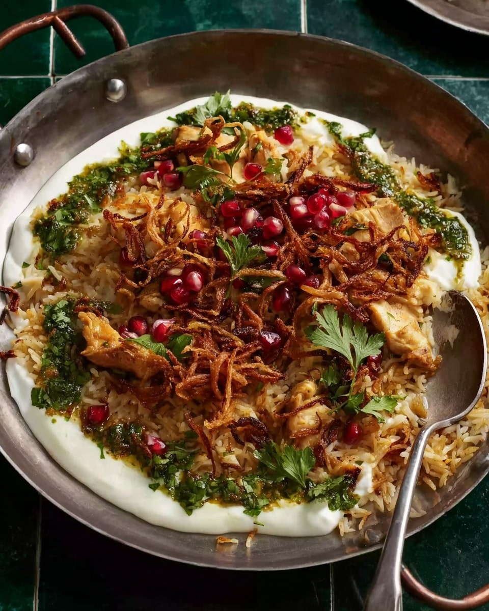 A round metal pan holds a layered dish with a base layer of white yogurt spread unevenly, topped by a heap of light brown rice mixed with small pieces of cooked chicken. On top, there are crispy thin fried onions, bright green herb sauce, and scattered red pomegranate seeds. Fresh green parsley leaves are placed around the dish for garnish. A silver spoon rests on the edge of the pan. The pan sits on a dark green tile surface. photo taken with an iphone --ar 4:5 --v 7
