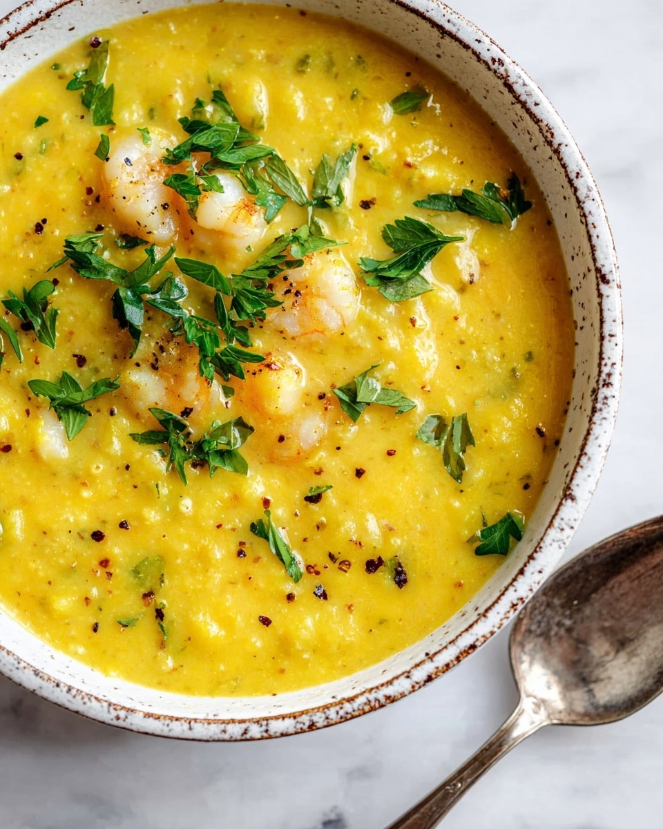 A close-up image shows a bowl filled with thick yellow soup that has a creamy texture and small pieces of white shrimp mixed in. The soup has visible specks of herbs and black seasoning, and it is topped with scattered fresh green parsley leaves. The bowl is white with a speckled brown rim, sitting on a white marbled surface. Next to the bowl is an old silver spoon. Photo taken with an iphone --ar 4:5 --v 7