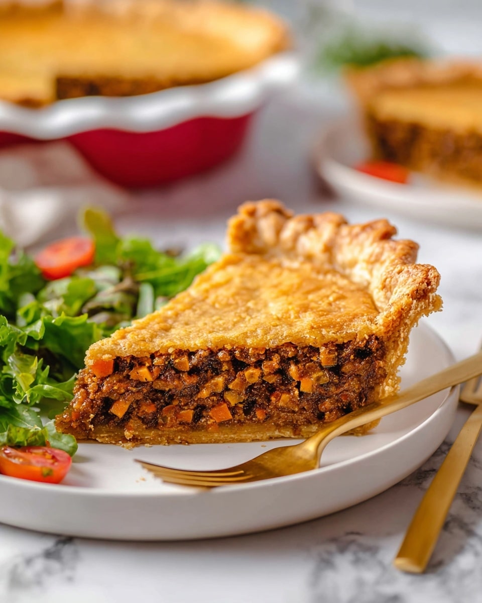 The image shows a slice of pie on a white plate with a white marbled surface underneath. The pie has three visible layers: a thick, golden-brown crust on top and bottom, and a filling in the middle made of small, finely chopped orange, brown, and green pieces, giving it a mixed texture. The slice is sharp and tall, with a crimped edge crust. Next to the slice is a small green salad with leafy greens and red cherry tomato halves. In the background, the rest of the pie is in a white dish with a red outer edge, and a second slice is on another white plate blurred out. A golden fork is placed beside the plate, partially visible. The photo taken with an iphone --ar 4:5 --v 7