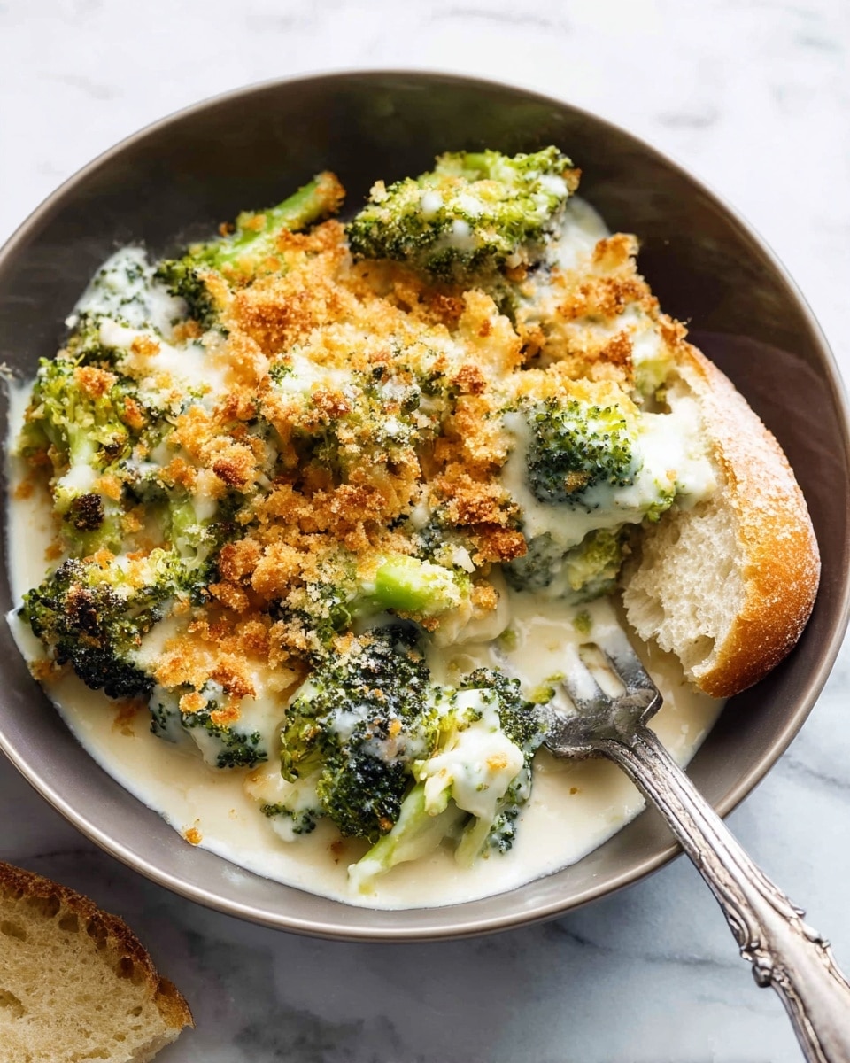 A white bowl holds a creamy broccoli dish with about three layers: a base layer of green broccoli florets, a middle layer of thick white cheese sauce that covers the broccoli, and a top layer of golden-brown toasted breadcrumbs that add a crunchy texture. To the right side of the bowl, a piece of soft bread is partially dipped into the sauce. A silver fork rests in the bowl next to the bread. The bowl sits on a white marbled surface. Photo taken with an iphone --ar 4:5 --v 7