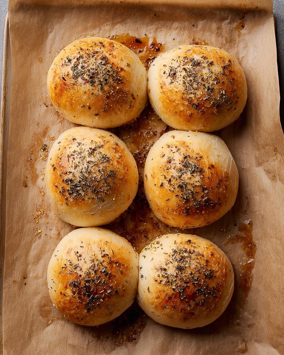 Six round bread rolls are placed in two rows of three on a sheet of brown parchment paper on a baking tray. Each roll has a golden brown top sprinkled with dried herbs and spices, giving a textured, slightly rough look. The rolls are shiny with some small spots of baked oil or sauce around them on the paper. The rolls have a light beige to golden color and a soft, baked surface. Photo taken with an iphone --ar 4:5 --v 7