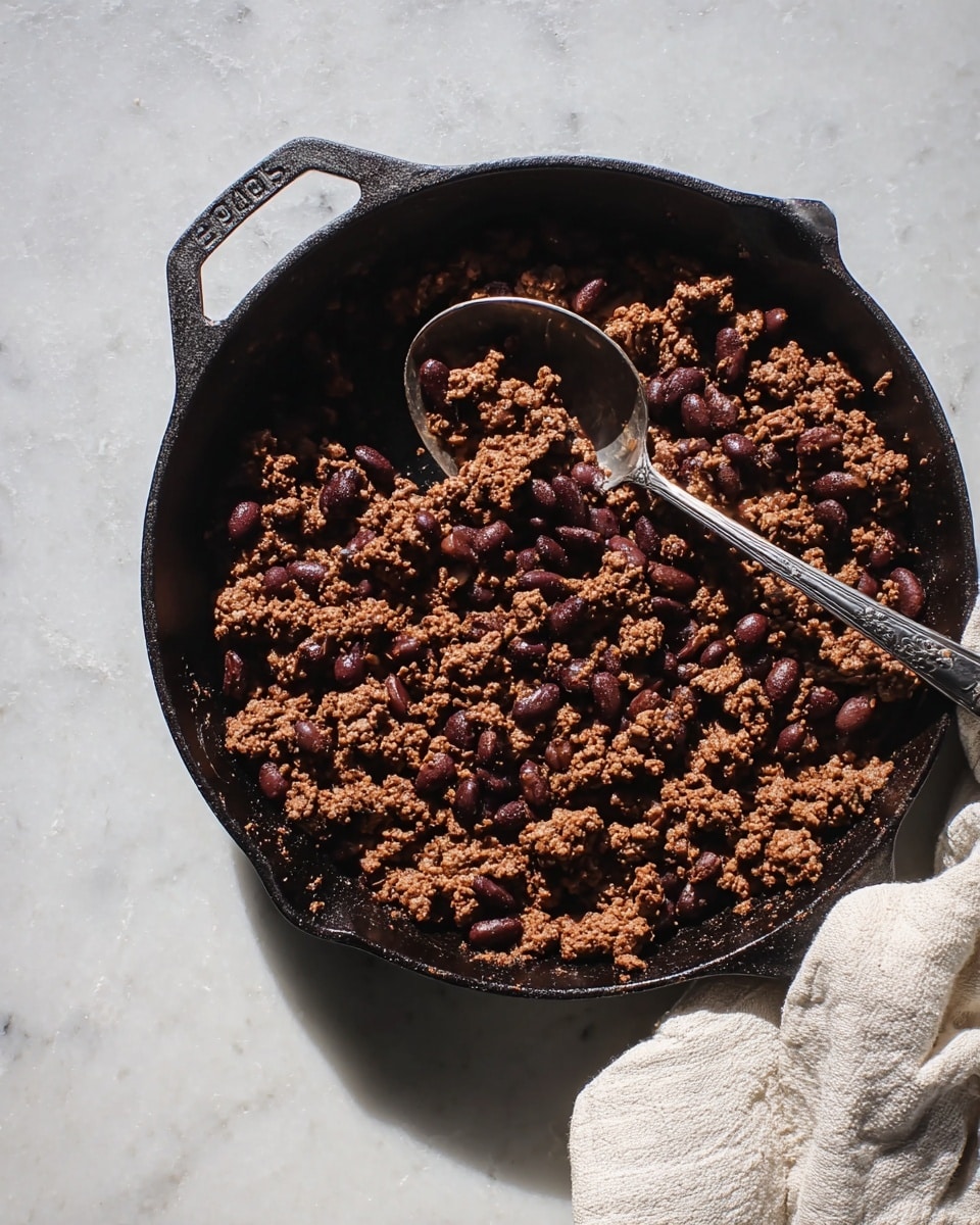 A black cast iron pan sits on a white marbled surface, filled with cooked ground meat mixed with dark brown beans. The meat is crumbled into uneven small pieces, showing a slightly textured surface with a rich brown color. A large silver spoon rests inside the pan, partially scooping some of the mixture. The pan handle is visible and a cream-colored cloth is placed near the bottom right edge. The lighting creates soft shadows, highlighting the texture of the meat and beans. photo taken with an iphone --ar 4:5 --v 7