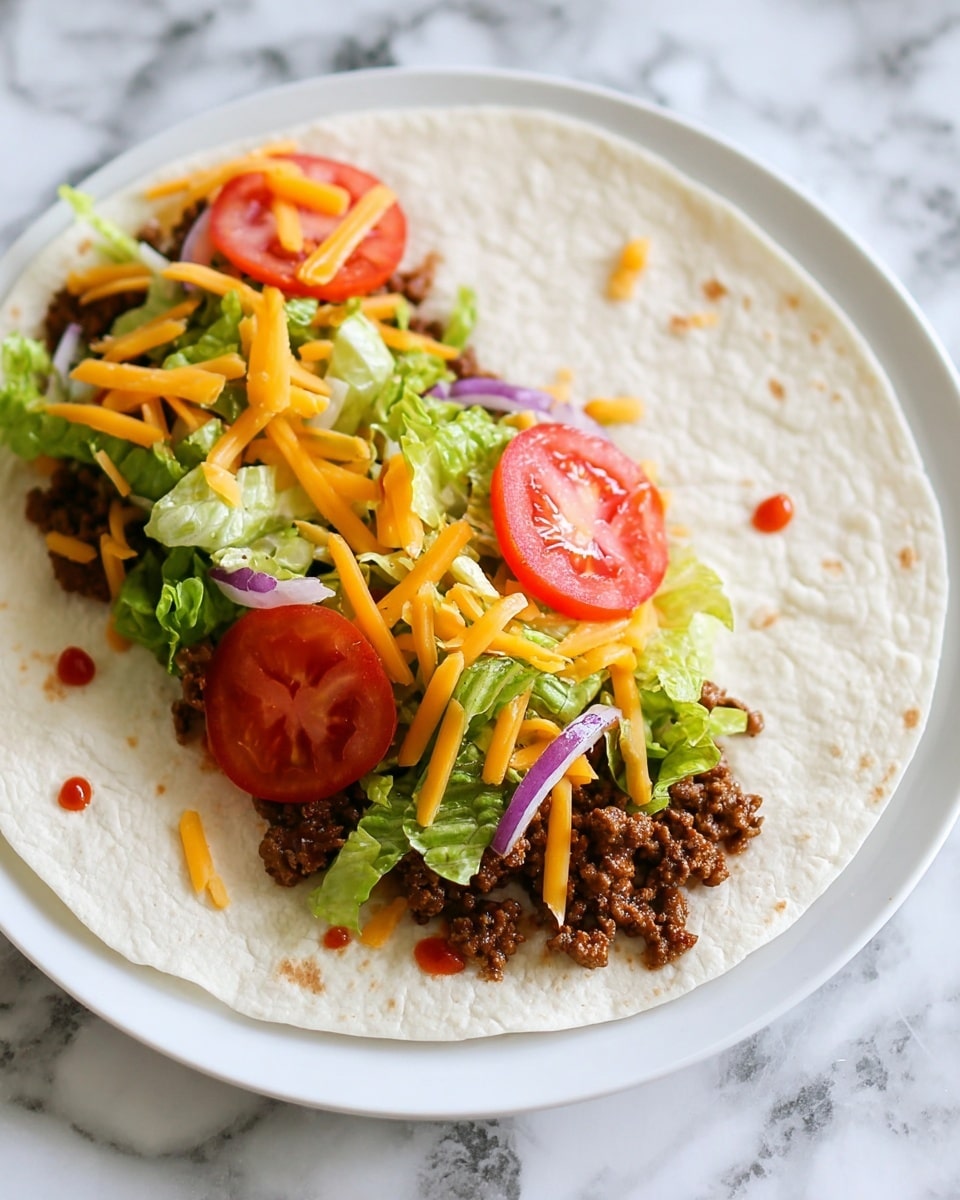 A soft, round white tortilla spread flat on a white plate with a white marbled surface underneath. On the left side of the tortilla, there is a layer of cooked ground beef that is brown and crumbled. On top of the beef, scattered thin strips of bright orange cheddar cheese add color. Over the cheese, fresh green lettuce leaves and pale yellow lettuce pieces are placed, mixed with a few thin slices of purple onion. Two red tomato slices with juicy texture lie on top, with small drops of red sauce spread here and there. photo taken with an iphone --ar 4:5 --v 7