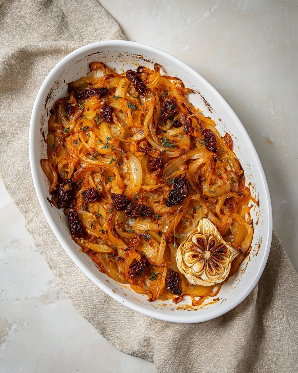A white oval dish holds a roasted mix of thinly sliced onions that are caramelized to a golden orange and brown color, scattered unevenly throughout the dish. There are chunks of dark browned sun-dried tomatoes mixed in with the onions, adding deep red spots across the surface. In one corner of the dish, there is a whole roasted garlic bulb with golden browned cloves visible, contrasting with the orange onions. The dish shows some browned and slightly burnt edges, hinting at a crispy texture. The dish is placed on a white marbled surface with a beige cloth casually draped nearby. photo taken with an iphone --ar 4:5 --v 7