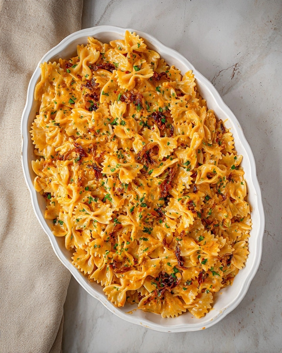 A large white oval dish filled with farfalle pasta covered in a creamy orange sauce. The sauce has bits of green herbs and dark sun-dried tomatoes mixed evenly throughout the pasta. The farfalle noodles show their bow-tie shape with textured edges and the dish has some browned caramelized onions scattered on top. The dish is placed on a white marbled surface with a beige cloth slightly visible on the left side. photo taken with an iphone --ar 4:5 --v 7