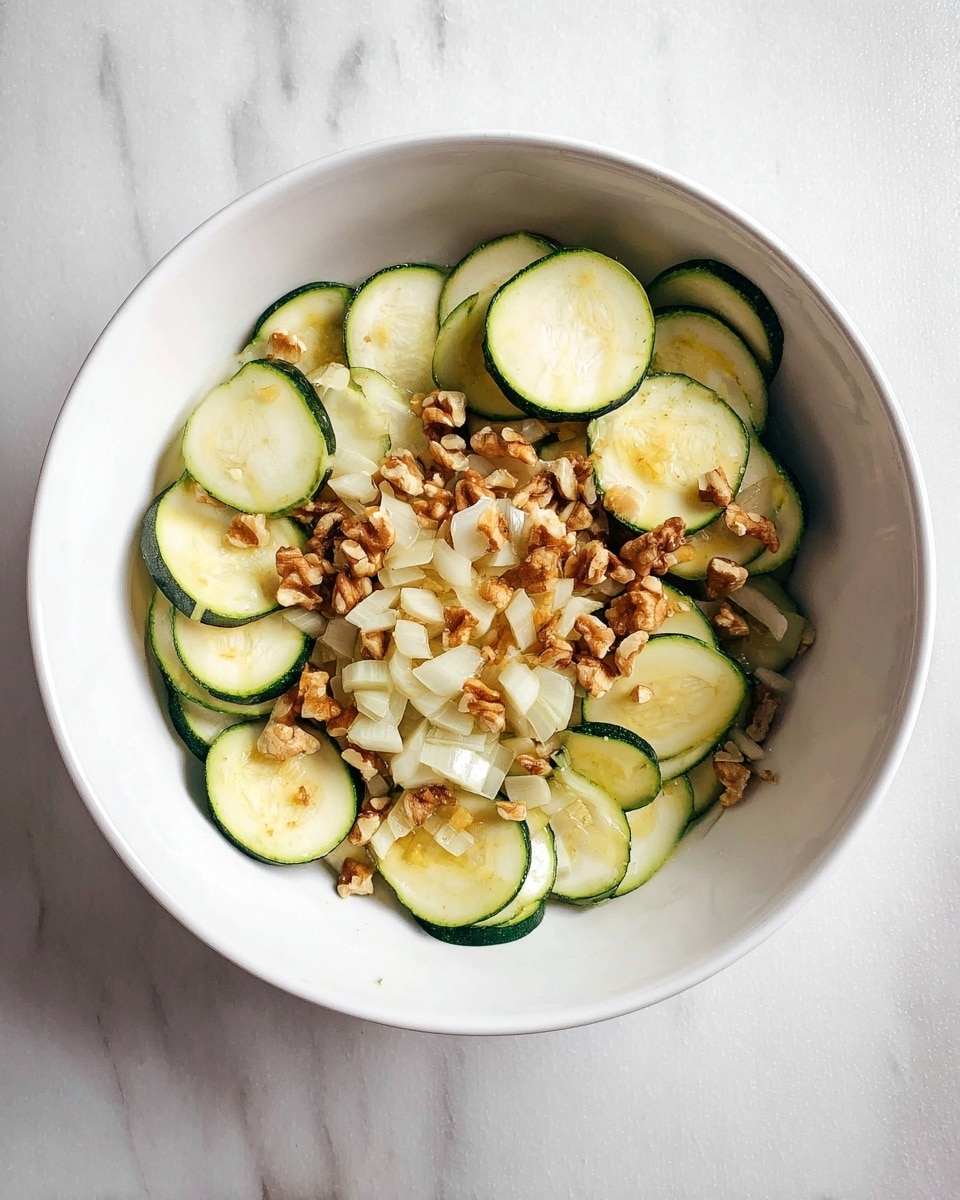 A white bowl is filled with three main layers: the bottom layer has thin round slices of light green zucchini with dark green edges; scattered on top of this are light brown walnut pieces that add texture; and the top layer has chunks of white onion giving a fresh and crisp look. The bowl is placed on a white marbled surface. photo taken with an iphone --ar 4:5 --v 7