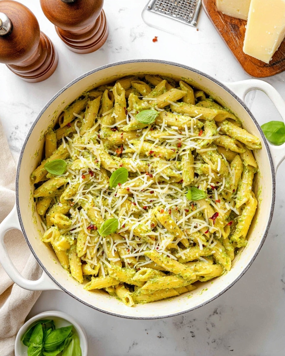 A white pot filled with three layers: the first layer is cooked penne pasta in a light yellow color, the second layer is a green pesto sauce coating the pasta giving it a creamy texture, and the third layer is a topping of white shredded cheese and small green basil leaves scattered all over, along with tiny red chili flakes adding color contrast; the pot sits on a white marbled surface with two wooden shakers in the background and a small white bowl with basil leaves on the side, a piece of cheese and a grater also partly visible nearby photo taken with an iphone --ar 4:5 --v 7
