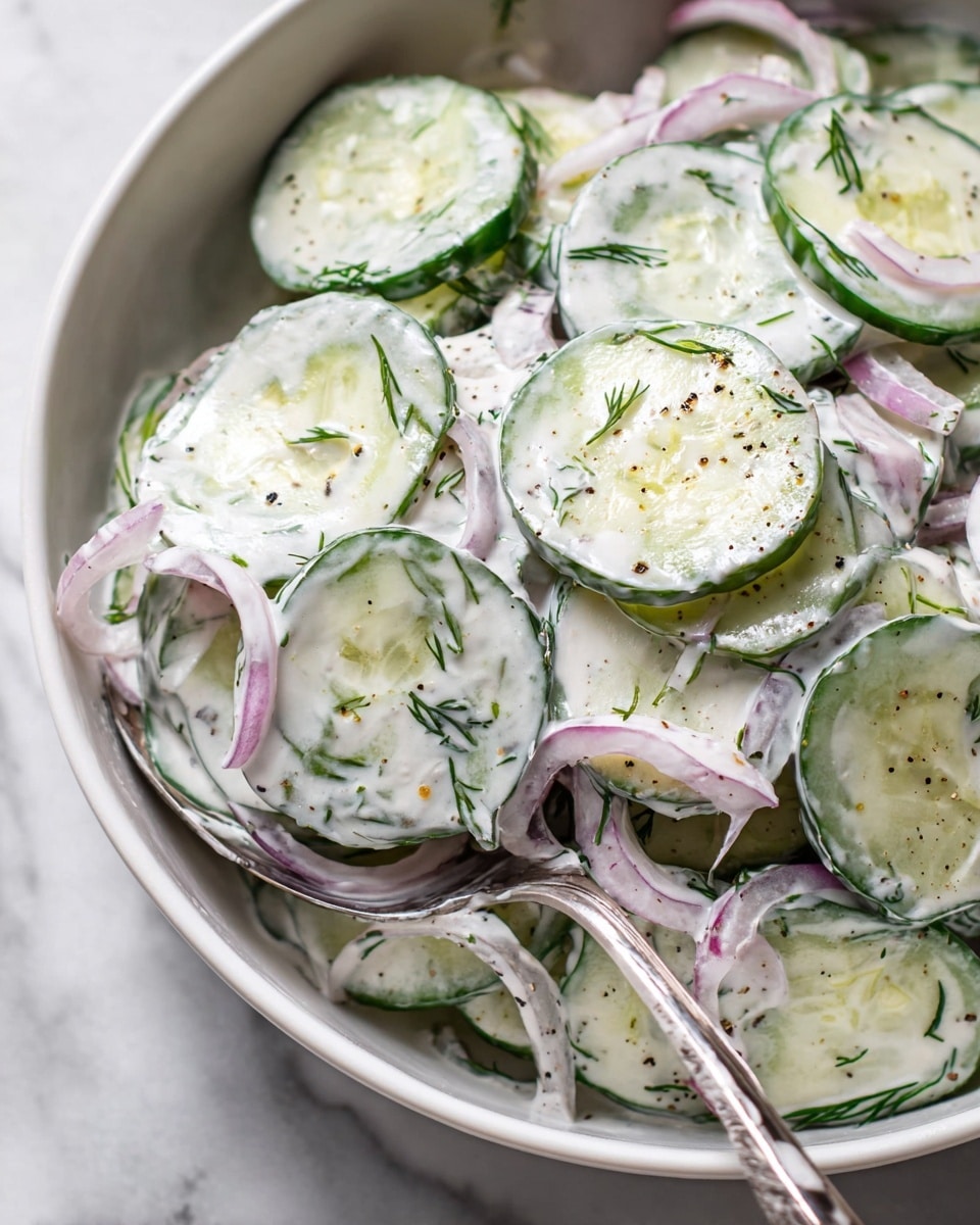 A close-up view of thin, round cucumber slices layered evenly in a white bowl, mixed with thin strips of light purple onion and coated in a creamy white sauce. Small green herb pieces, likely dill, are sprinkled throughout the salad, adding a fresh texture. There are scattered black pepper specks on top, adding contrast to the light colors. A silver spoon is scooping some of the salad, showing the creamy coating on the cucumber and onions. The bowl rests on a white marbled surface. photo taken with an iphone --ar 4:5 --v 7