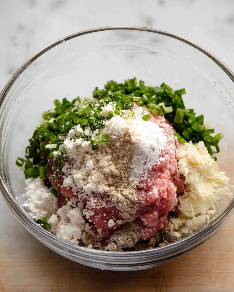 In a clear glass bowl on a white marbled surface, there is a mix of ingredients including minced pink meat as the base layer, surrounded by chopped green onions. On top of the meat, there are scattered white and light brown powders, likely flour and seasonings. There are also small amounts of finely grated pale yellow substance scattered over the mixture. The texture of the ingredients shows fresh and raw elements with a mix of soft meat and dry powders. The scene is close up with a warm, natural light. Photo taken with an iphone --ar 4:5 --v 7