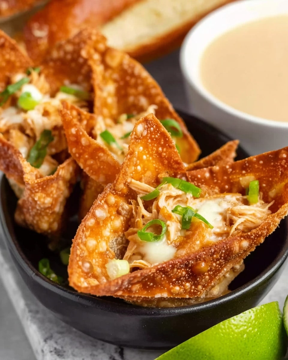 This image shows a close-up of three crispy golden brown wonton chips filled with pulled chicken mixed with white cheese and topped with small green onion pieces. The wontons are placed inside a black bowl on a white marbled surface. To the right of the bowl is a bright green lime wedge. In the background, a white bowl filled with a light-colored dipping sauce and a toasted baguette slice are partially visible but blurred. photo taken with an iphone --ar 4:5 --v 7