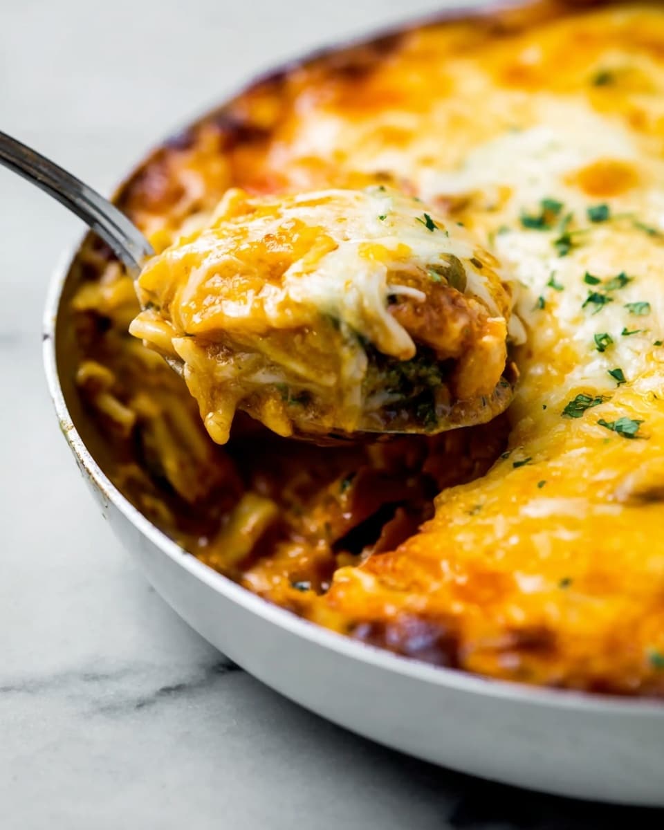 A close-up view of a white pan filled with a layered cheesy dish, showing at least two visible layers: a melted golden-yellow and white cheese layer on top with a slightly browned texture, and below it, a rich, saucy filling mixed with small bits of greens and tender pasta or noodles. A silver spoon is scooping a portion, revealing the layered textures clearly, resting on a white marbled surface. Some small bits of green herbs are sprinkled lightly on the cheese. The photo taken with an iphone --ar 4:5 --v 7