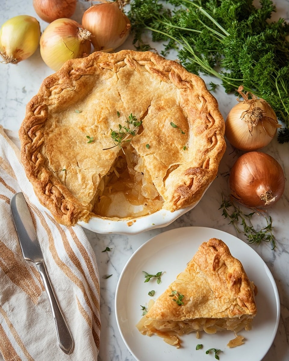 A round pie with a golden-brown crust sits on a white plate, with one large slice taken out to show a thick, creamy onion filling inside. The pie crust has a crimped edge with a braided pattern, and a few small green herb leaves are sprinkled on top. Next to the pie is another white plate showing the removed slice, revealing flaky crust layers and the thick filling inside. In the background on a white marbled surface, there are whole yellow and brown onions, fresh green parsley bunches, a metal pie server, and a beige-striped cloth napkin. The photo taken with an iphone --ar 4:5 --v 7