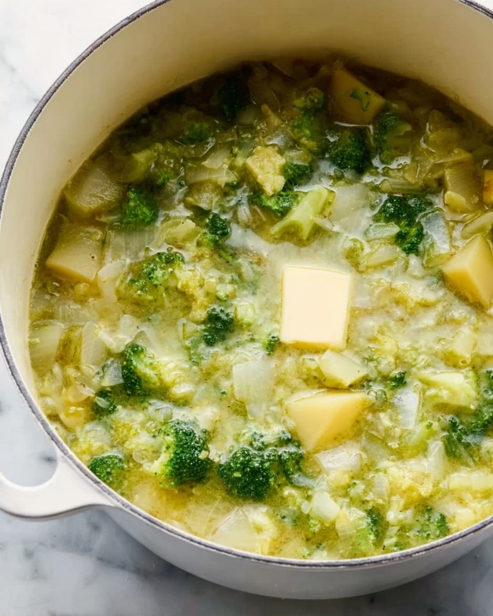 A close-up view of a white pot filled with a warm soup that has visible small broccoli florets, pale yellow potato slices, and soft translucent onion pieces floating in a light greenish broth. A small square of butter melts at the center, adding a creamy texture and a light yellow color contrast. The pot sits on a white marbled surface, making the colors of the soup stand out naturally. The scene focuses on the fresh, cooked vegetables with a soft and slightly chunky texture, showing a comforting homemade meal. photo taken with an iphone --ar 4:5 --v 7