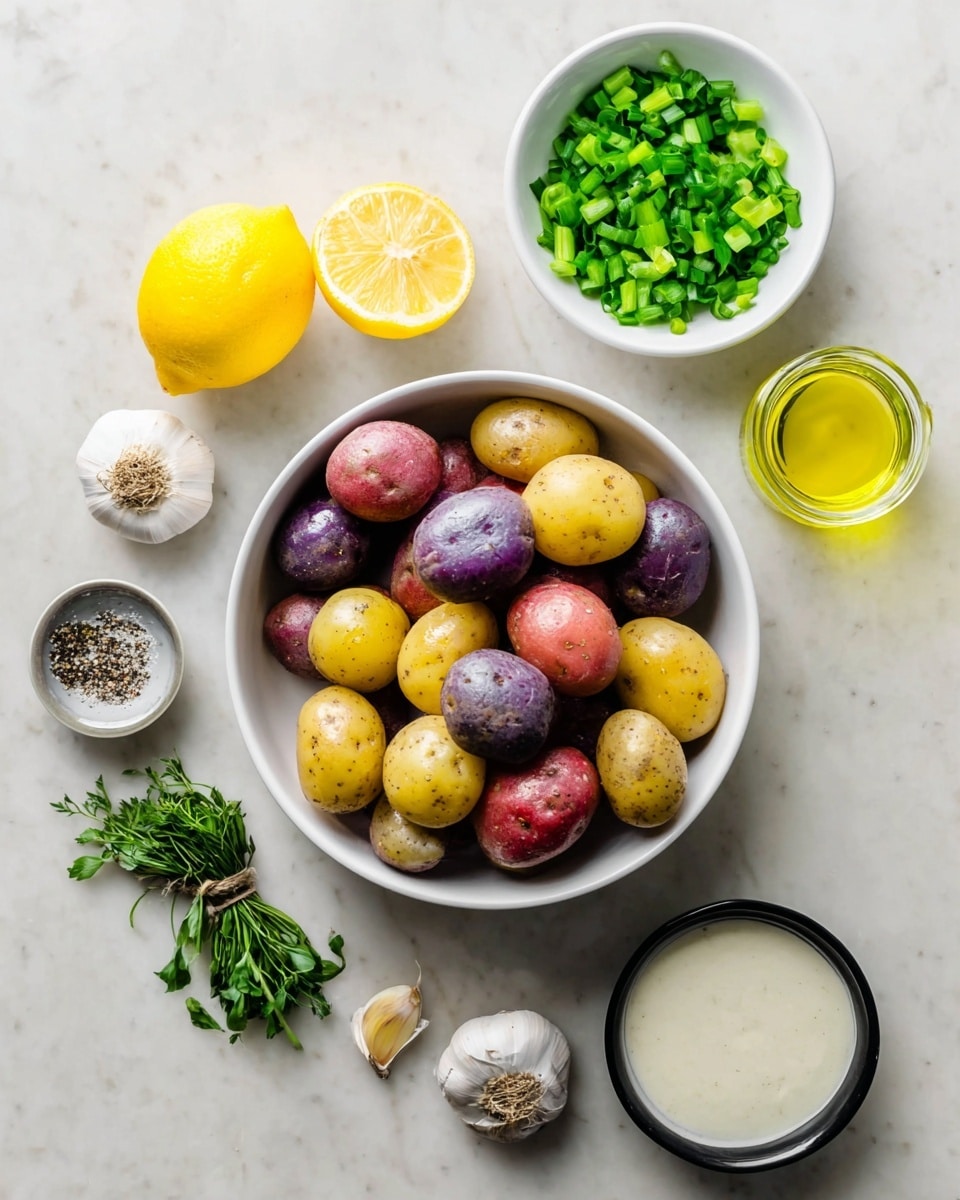A white bowl is filled with small potatoes of three colors: purple, red, and yellow, mixed together. Above the bowl, there is a small white bowl filled with chopped green onions showing a fresh green color. To the right, there is a small glass jar with a yellow liquid, likely oil. On the left side of the bowl, a half lemon with bright yellow flesh faces upwards, and next to it is a small pile of green herbs tied with a string, along with a clove of garlic. Below the lemon, a black bowl holds a smooth white creamy sauce. Above the lemon, a small glass bowl contains some salt and pepper seasoning. The setting is on a white marbled textured surface. Photo taken with an iphone --ar 4:5 --v 7