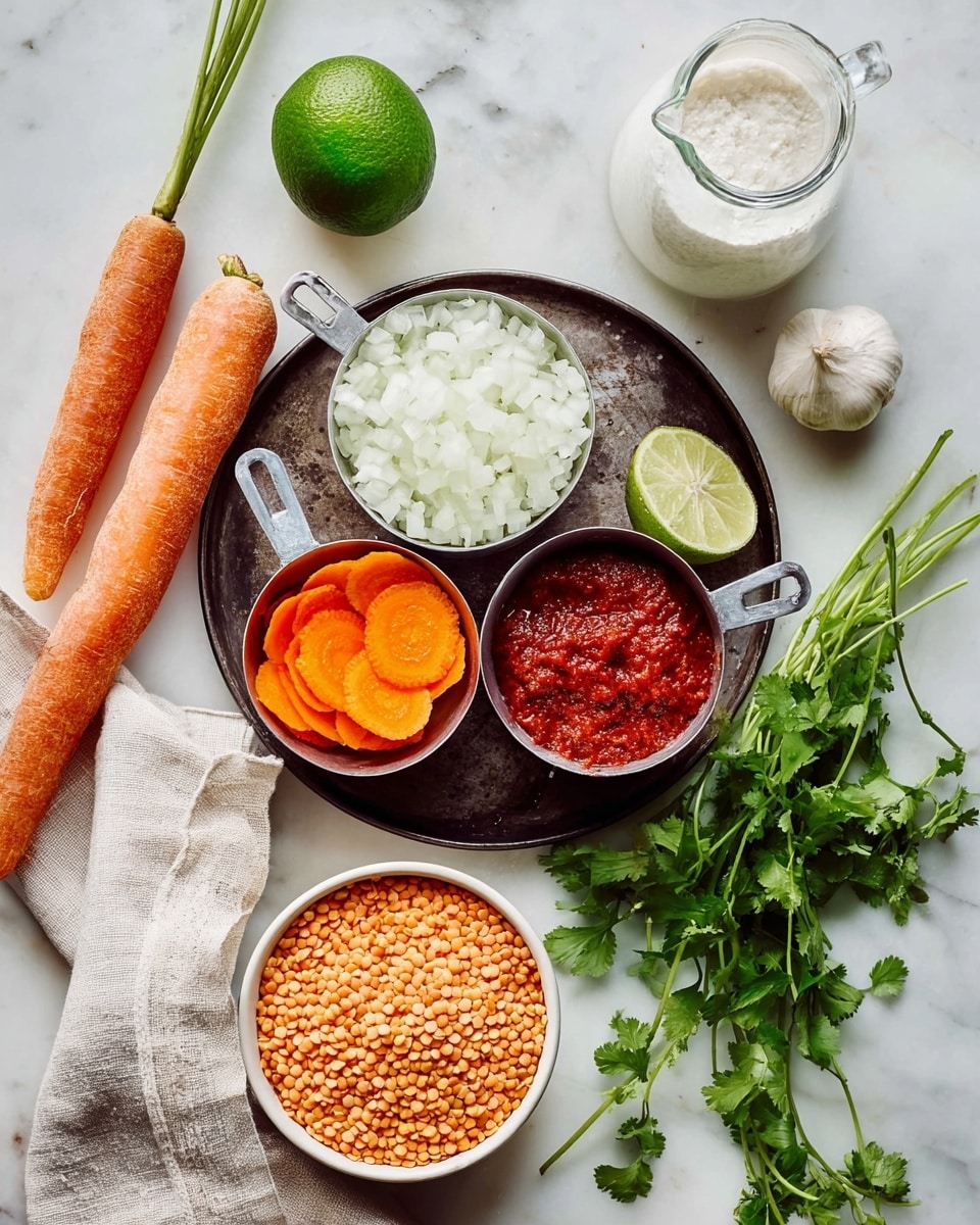 The image shows cooking ingredients arranged on a white marbled surface. There is a black metal tray holding three metal measuring cups: one with chopped white onions in the center, one with sliced bright orange carrots on top, and one with red tomato paste to the right. A whole green lime rests on the tray above the onions, and a whole garlic bulb lies below the tomato paste. To the left of the tray is a fresh orange carrot with green tops on a light beige cloth. In the bottom center, a white bowl holds small orange lentils. On the right side, there are fresh green cilantro sprigs spread out, and in the bottom right corner, a clear glass pitcher is partially filled with a white liquid. Photo taken with an iphone --ar 4:5 --v 7
