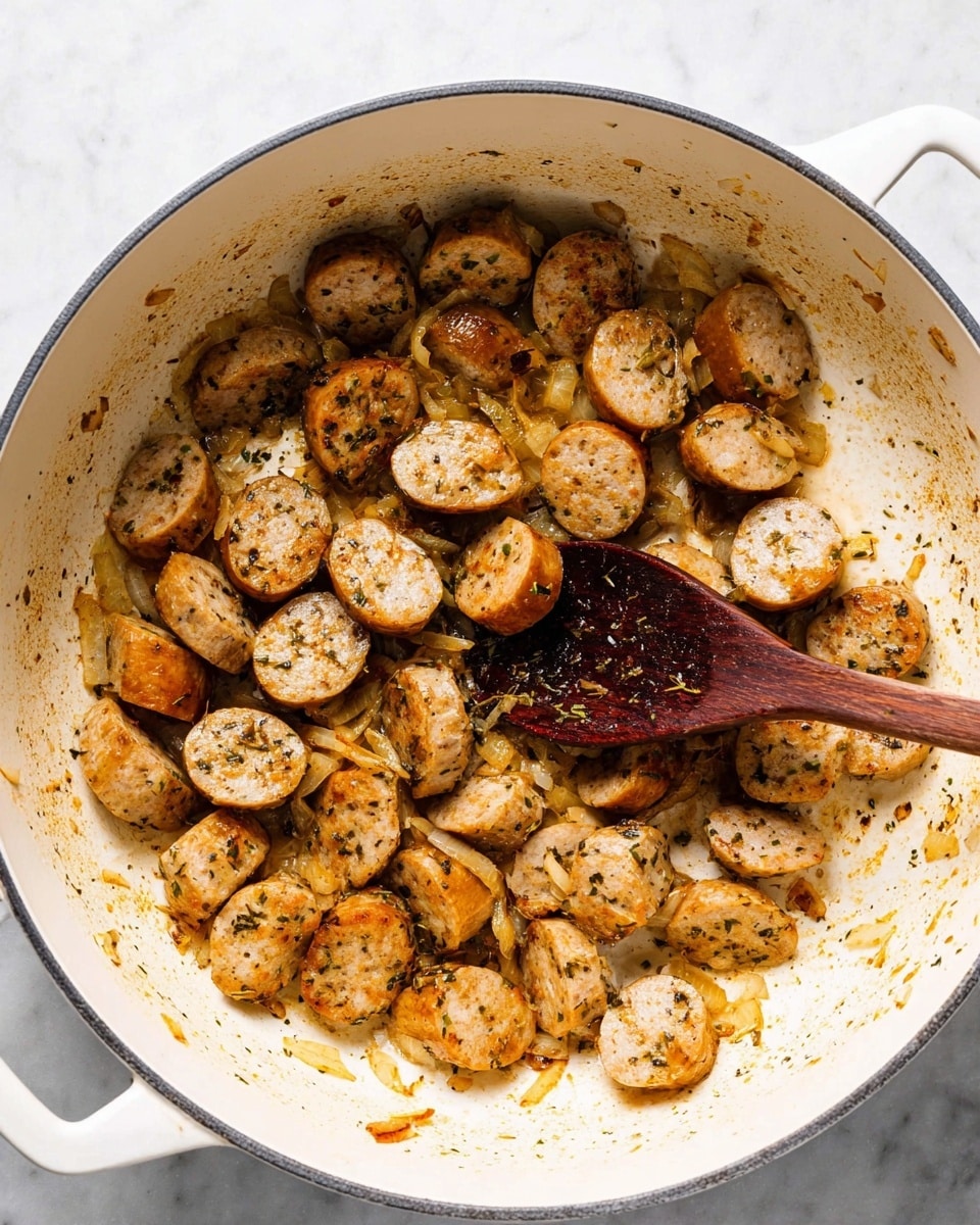 A white round pot filled with sliced cooked sausage pieces that are golden brown and mixed with small pieces of cooked onions and herbs. The sausage slices are scattered unevenly with some browned bits stuck to the bottom of the pot. A wooden spoon with a dark brown bowl rests inside the pot on the left side. The pot is placed on a white marbled surface. Photo taken with an iphone --ar 4:5 --v 7