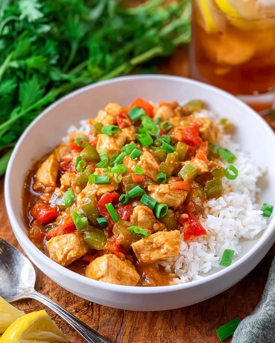 A white bowl filled with three layers: the bottom layer is white steamed rice, the middle layer is a chunky mix of diced green and red bell peppers with diced onions in a light orange sauce, and the top layer has large, thick pieces of cooked chicken that are light golden with a slightly seared texture, all sprinkled with bright green chopped scallions. In the background, there are fresh celery stalks and a glass of iced tea on a white marbled surface. The photo is clear and colorful with a close-up view. Photo taken with an iphone --ar 4:5 --v 7
