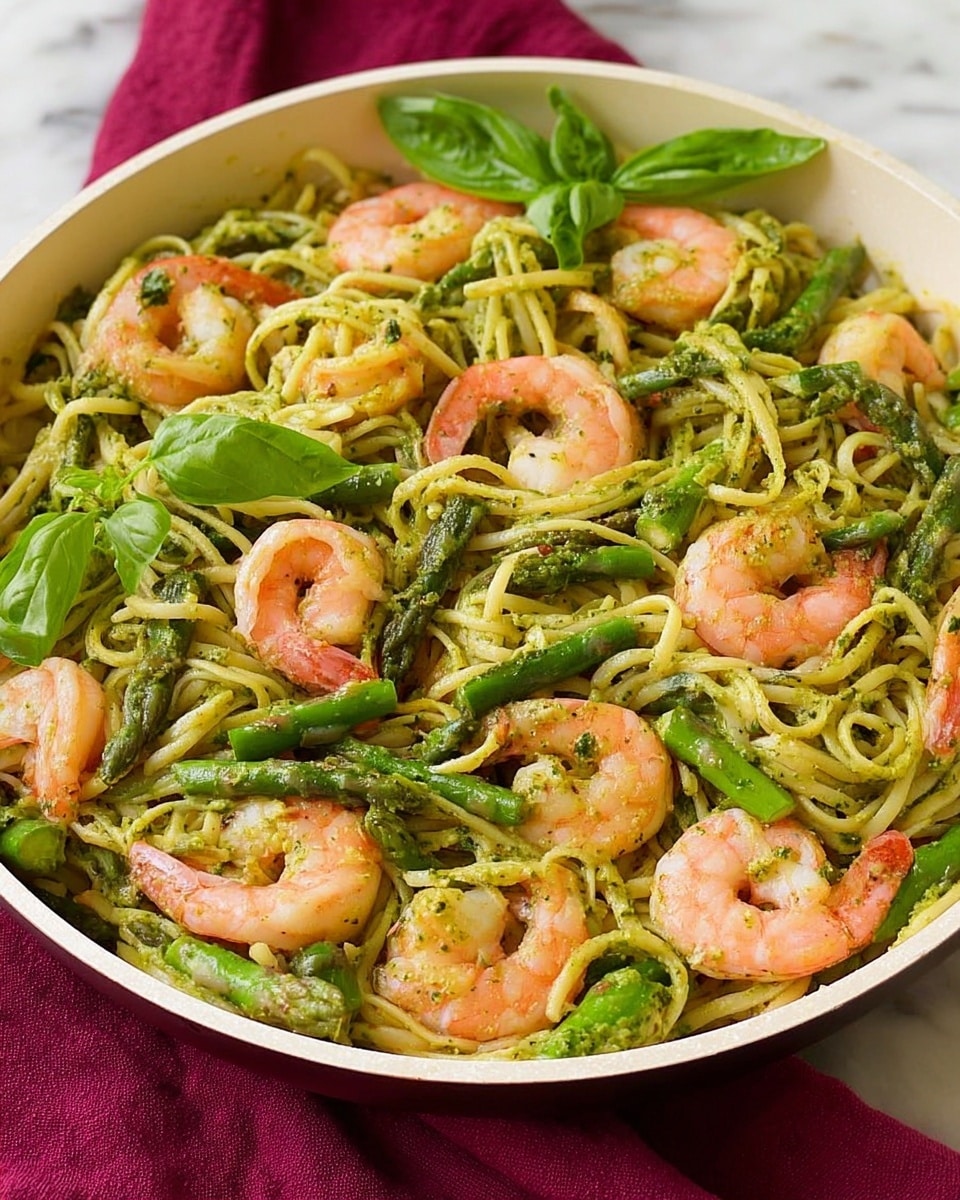 The dish shows a white pan filled with green pesto-coated thin pasta noodles mixed with bright pink cooked shrimp, and green asparagus pieces. The shrimp are placed all over the noodles, their colors contrasting with the green sauce. The asparagus is cut into small segments and spread evenly among the pasta. There are also a few fresh basil leaves resting on top as garnish. The pan is situated on a white marbled surface with a deep red cloth in the background. photo taken with an iphone --ar 4:5 --v 7