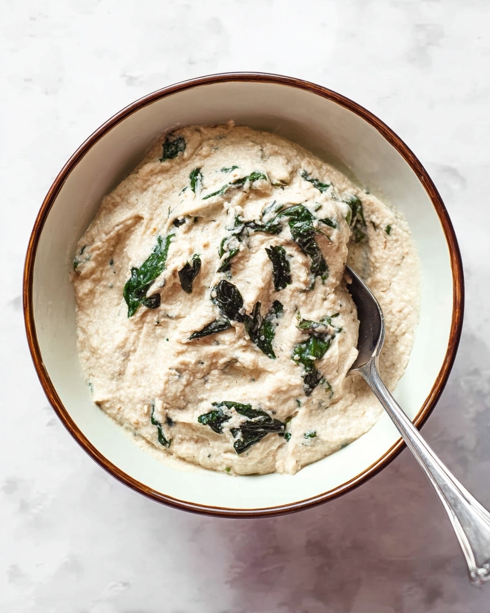 A white bowl with a brown rim sits on a white marbled surface, filled with a thick, creamy light beige mixture that has a slightly grainy texture. Mixed throughout the creamy base are scattered dark green leafy pieces, adding contrast. A silver spoon is partially immersed in the mixture, its handle extending outside the bowl toward the bottom right. The texture looks smooth yet hearty with visible bits. Photo taken with an iphone --ar 4:5 --v 7