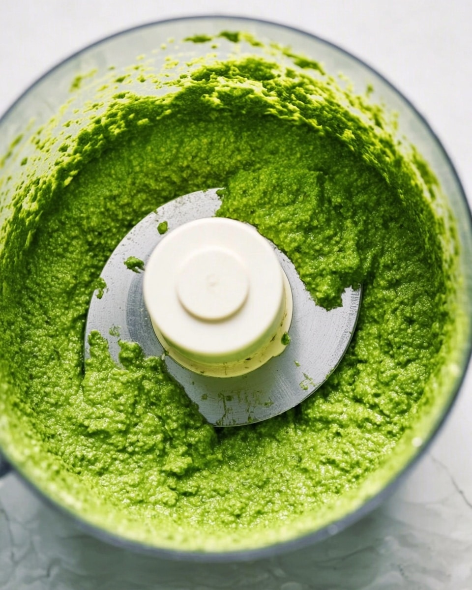 The image shows a close-up view inside a blender or food processor bowl filled with bright green sauce or paste with a slightly coarse texture. The mixture is spread evenly around the sides and center, with small bits visible throughout. The blade in the center is white with a smooth surface and some light marks. The background is white marbled texture. photo taken with an iphone --ar 4:5 --v 7