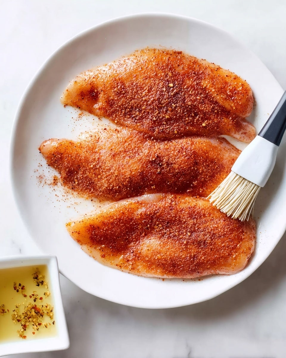 A white round plate holds three pieces of raw chicken coated with a reddish-brown spice mix, evenly covering the smooth and slightly shiny surface of each piece. The chicken pieces overlap slightly, arranged in a loose row from left to right. Next to the chicken, on the right side of the plate, there is a white silicone brush with a black and white handle resting on the plate. Below the plate on the white marbled surface, a small square white dish contains a light yellow liquid with some reddish-brown spice sprinkled on top. The overall setting is bright with soft light illuminating the textures and colors. Photo taken with an iphone --ar 4:5 --v 7
