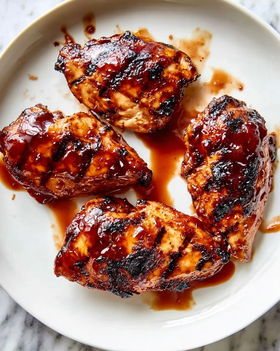 Four grilled chicken pieces are placed on a white plate, each covered with a shiny, dark reddish-brown sauce that looks sticky and sweet. The chicken pieces have a charred, slightly blackened texture in some parts, showing they were grilled well. The sauce glistens under the light, with some drops and streaks on the plate around the chicken. The plate sits on a white marble surface. photo taken with an iphone --ar 4:5 --v 7