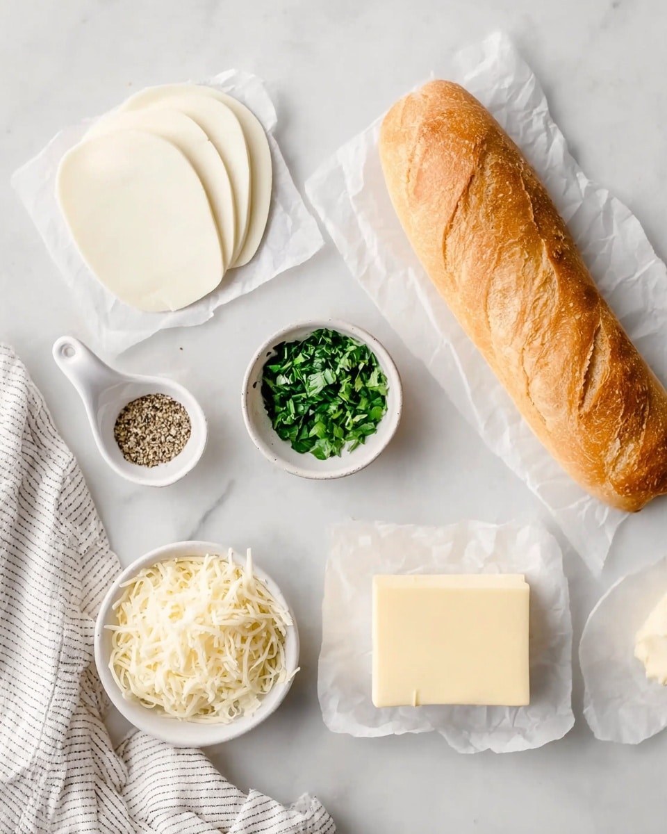 A white marbled surface holds several items arranged in a flat lay style: in the top right corner, a long brown sandwich roll with a textured crust; next to it at bottom right, a stick of light yellow butter; near the center bottom, a small round bowl filled with off-white shredded cheese; to the left of it, another small round bowl with chopped green herbs; above those, a small white dish with light-colored minced garlic; above and to the left, three slices of pale yellow cheese stacked slightly overlapping; and to the right of the herb bowl, a white ceramic spoon filled with coarse black pepper. A light-colored striped cloth peeks in at the bottom left corner. photo taken with an iphone --ar 4:5 --v 7