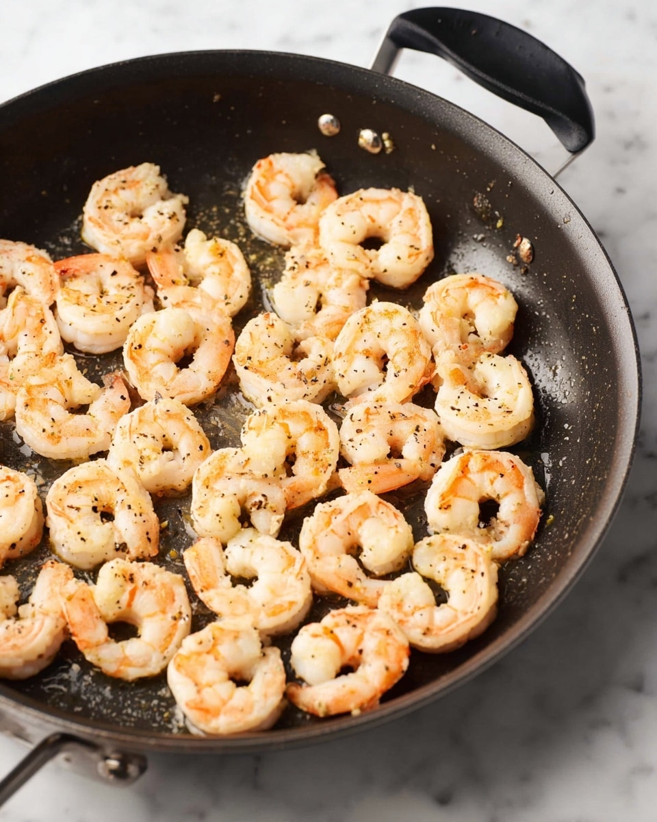 A black pan on a white marbled surface holds two layers of cooked shrimp arranged evenly. The shrimp are pinkish-white with light orange shading and small black pepper specks scattered on their surface. The pan has black handles and shows some slight oil residue, emphasizing the cooked texture of the shrimp. The shrimps are plump and slightly curled, covering most of the pan's interior. photo taken with an iphone --ar 4:5 --v 7