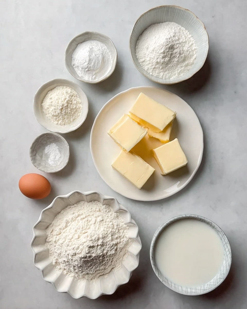 The image shows six white bowls with different ingredients placed on a white marbled surface. In the center is a white plate holding several square pieces of pale yellow butter. Above the plate, to the left, is a small white bowl with white powder, and to the right is an empty small white bowl. Below the butter plate, on the left, is a large white scalloped bowl filled with white flour. To the right of that is a white bowl filled with a frothy white liquid, likely milk. At the bottom left is a small white bowl containing a white powder, and to its right is a small white bowl holding one brown egg. The photo taken with an iphone --ar 4:5 --v 7