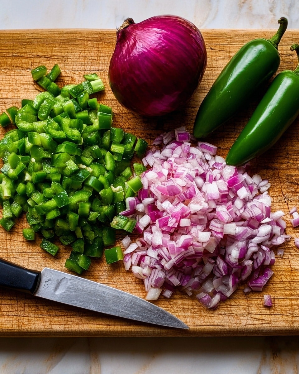 A wooden board holds neatly chopped green peppers on the left, showing a bright, fresh green color with smooth, small square pieces. Next to the peppers, there is a larger pile of finely chopped red onion, showing a mix of purple and white layers in small square pieces that look crisp. Behind the chopped vegetables, two whole green jalapeño peppers lie horizontally, shiny with smooth skin, while a whole red onion sits on the right side, round and shiny with deep purple color. A silver knife with a clean blade rests partly on the chopped onion on the board. The surface below the board is a white marbled texture photo taken with an iphone --ar 4:5 --v 7