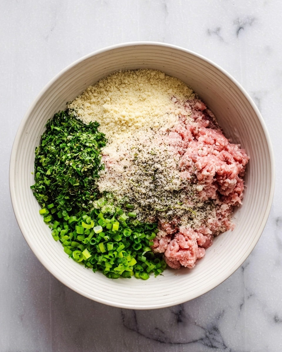 In a white bowl with ridged sides, there are six visible layers of ingredients arranged separately: light pink raw ground meat on the top left, chopped bright green herbs on the bottom left, fine pale beige breadcrumbs on the right side, finely chopped vibrant green spring onions on the upper right, and a mix of white and black seasonings scattered over the center of the meat and herbs. The background is a smooth white marbled surface. photo taken with an iphone --ar 4:5 --v 7