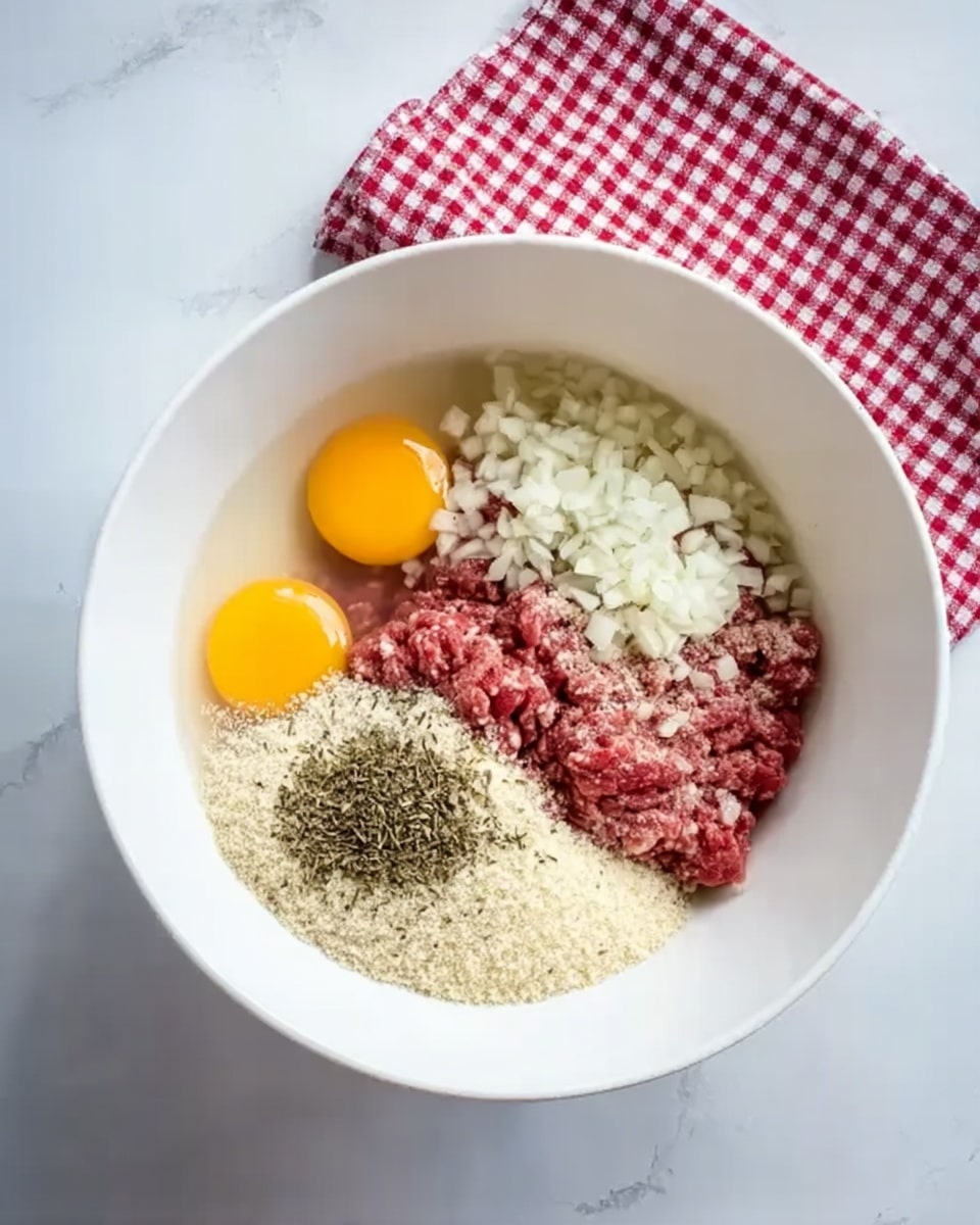A white bowl on a white marbled surface holds several separate layers of ingredients arranged evenly and clearly visible. Starting from the left, there are two raw egg yolks with clear whites pooled around them. Next to the eggs is raw ground meat with a pinkish-red color. Above the meat are white finely chopped onions filling almost a third of the bowl. To the right of the onions is a pale beige layer of breadcrumbs. In the center and scattered lightly over the meat and breadcrumbs are dark brown dried herbs. Above the bowl, a red and white checked cloth napkin is partially folded. Photo taken with an iphone --ar 4:5 --v 7