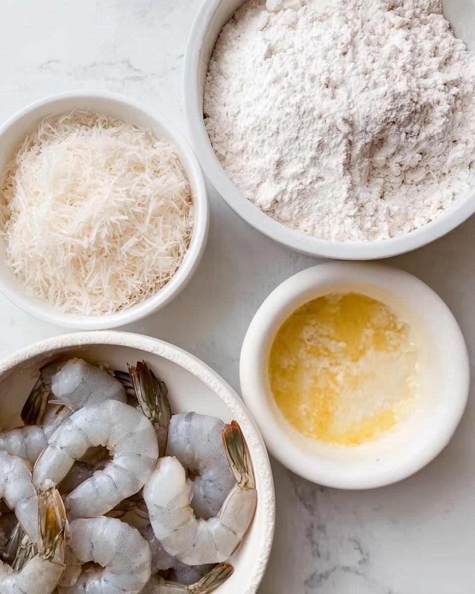 The image shows four white bowls arranged on a white marbled surface. One bowl on the bottom left is filled with raw gray shrimp with their shells partially removed. The bowl on the top left holds white shredded coconut with a light beige texture mixed in. The bowl on the right contains white flour with one shrimp half-buried in it. The top right bowl is filled with a light yellow beaten egg mixture. A woman's hand holds the shrimp dipped in flour. photo taken with an iphone --ar 4:5 --v 7