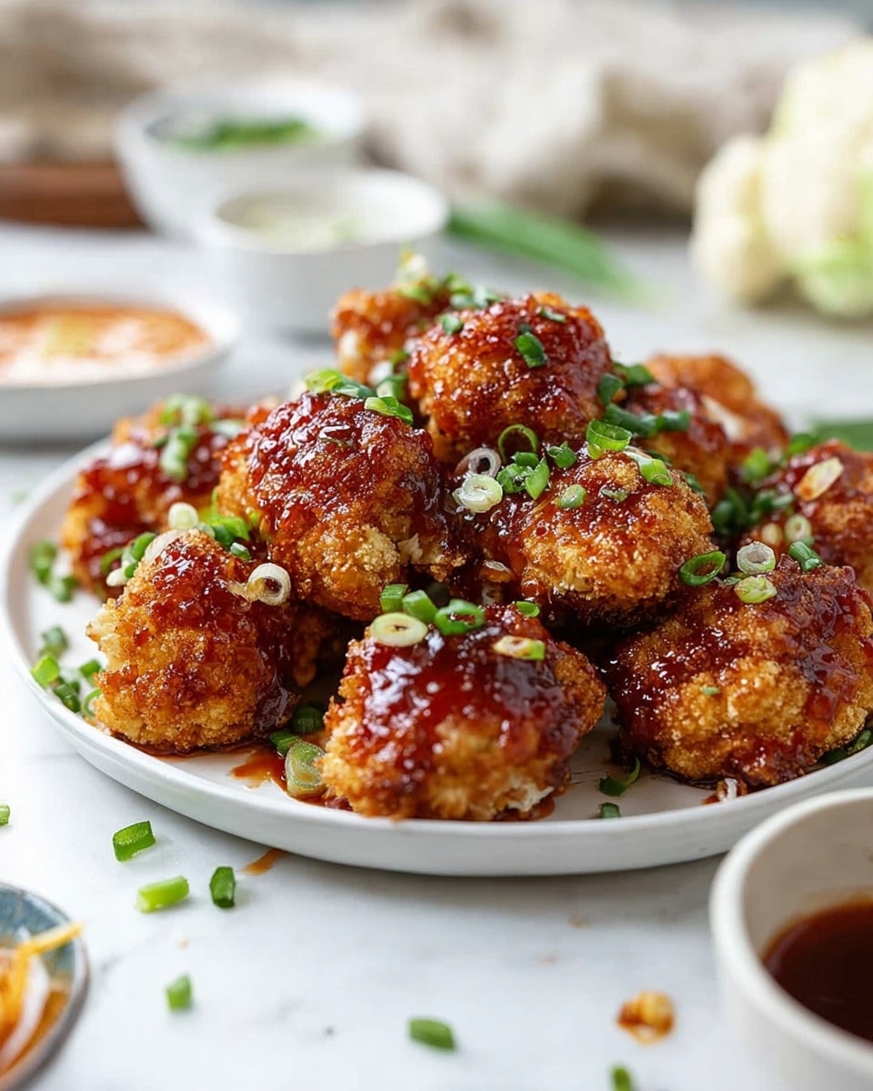 A white plate is filled with about a dozen crunchy, golden-brown fried cauliflower bites, each piece coated in a thick layer of sticky reddish-brown sauce that glistens under the light. Green chopped scallions are sprinkled generously over the cauliflower, adding small pops of fresh color. The plate sits on a white marbled surface with a few scallion pieces scattered around. In the background, blurred out, there are small bowls with different sauces and some cauliflower florets. The image has a close-up focus, showing the texture of the sauce and the crispy coating clearly. Photo taken with an iphone --ar 4:5 --v 7